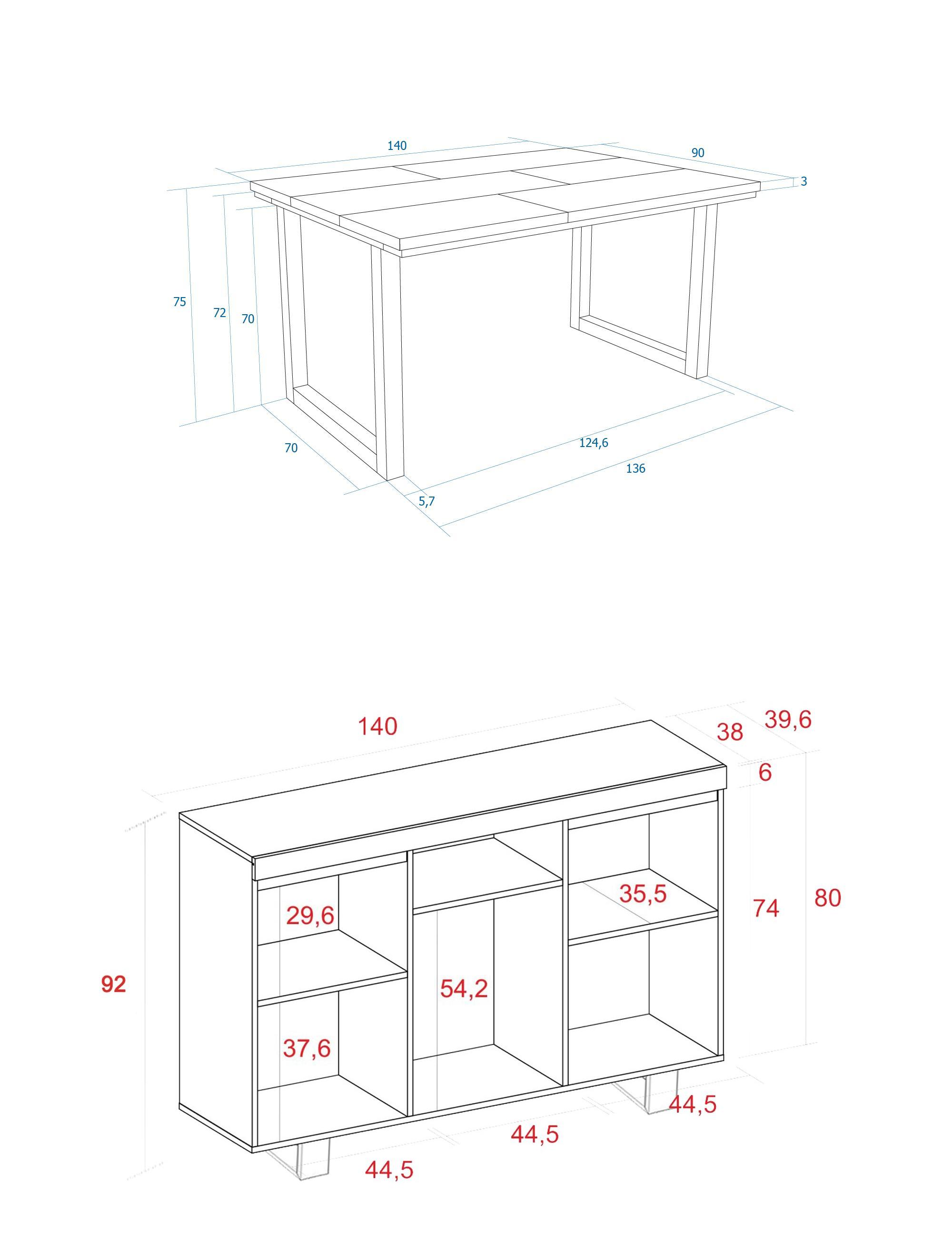 Skraut Home - Conjunto muebles salon Mesa 140 patas U 6 Comensales Aparador  / Buffet 140 Tall Roble y Negro Estilo Industrial