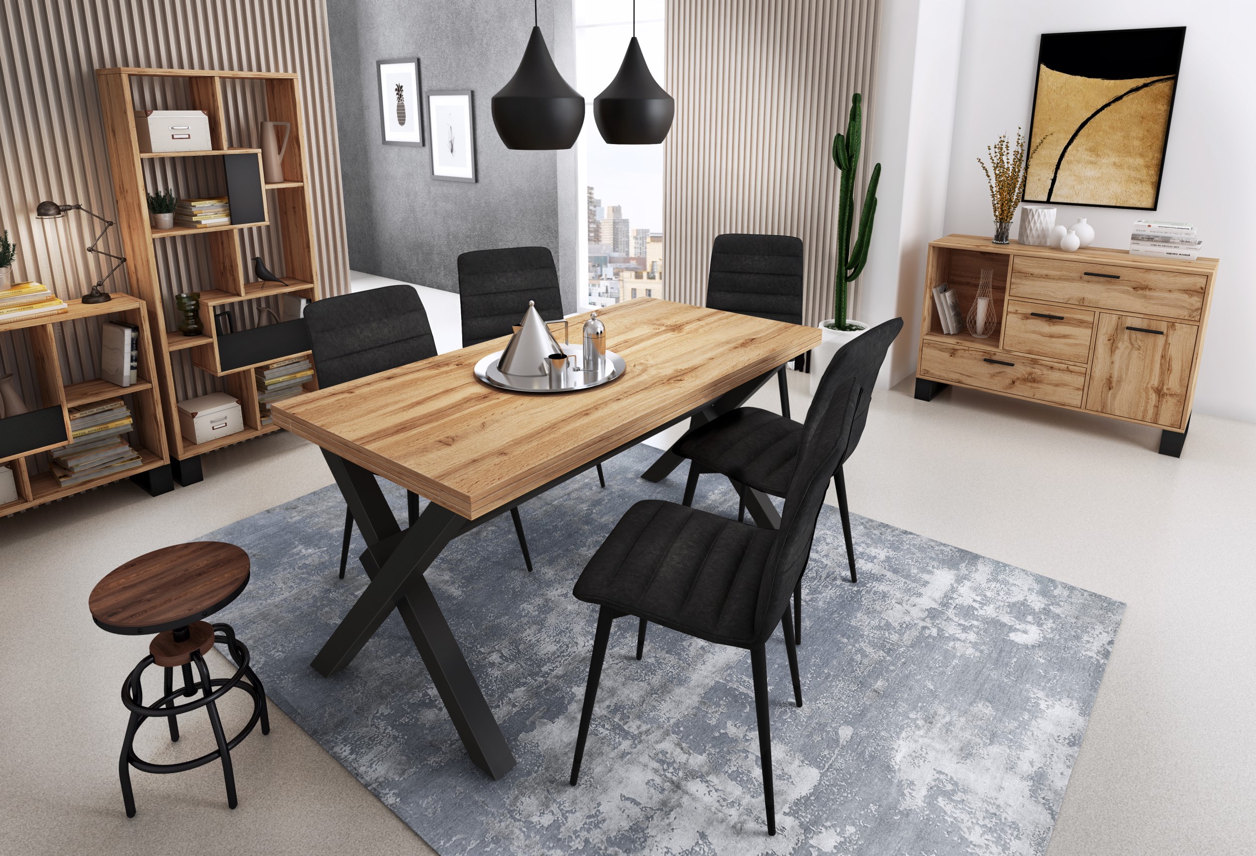 Muebles de salón, comedor, estanterías, mesas y sillas