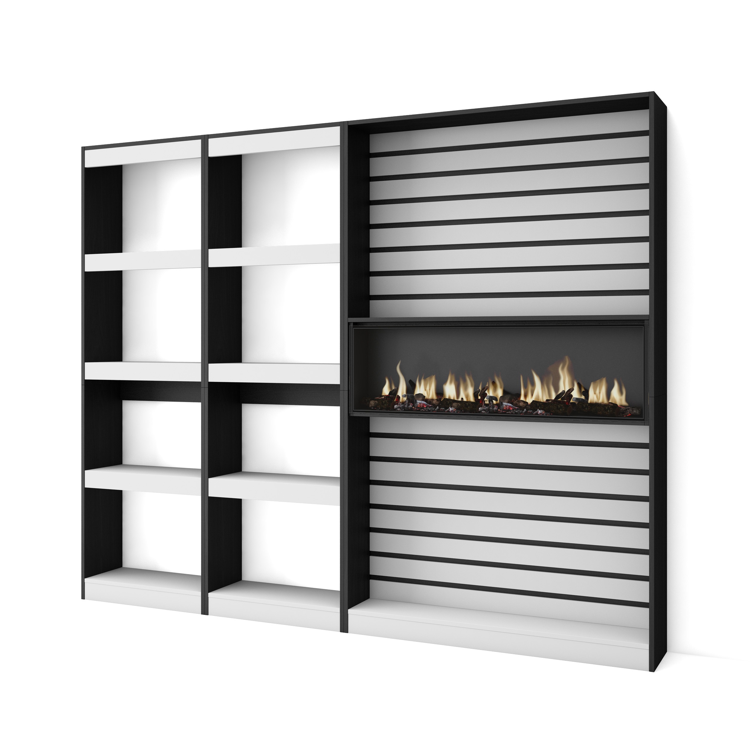 Librería estantería, Blanco y negro , Chimenea eléctrica