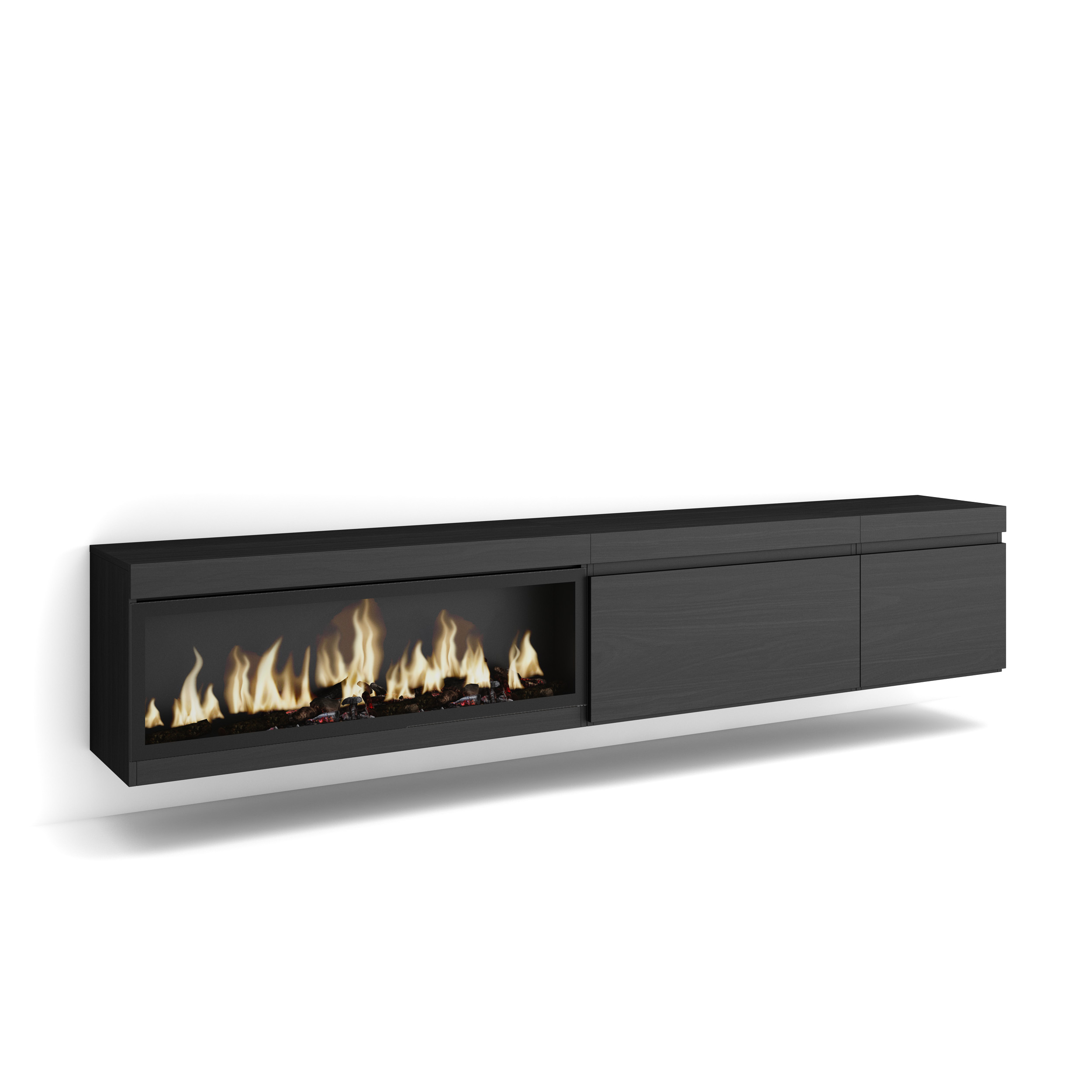 Mueble TV, 237x45x35cm, Chimenea eléctrica XXL, suspendido, Negro