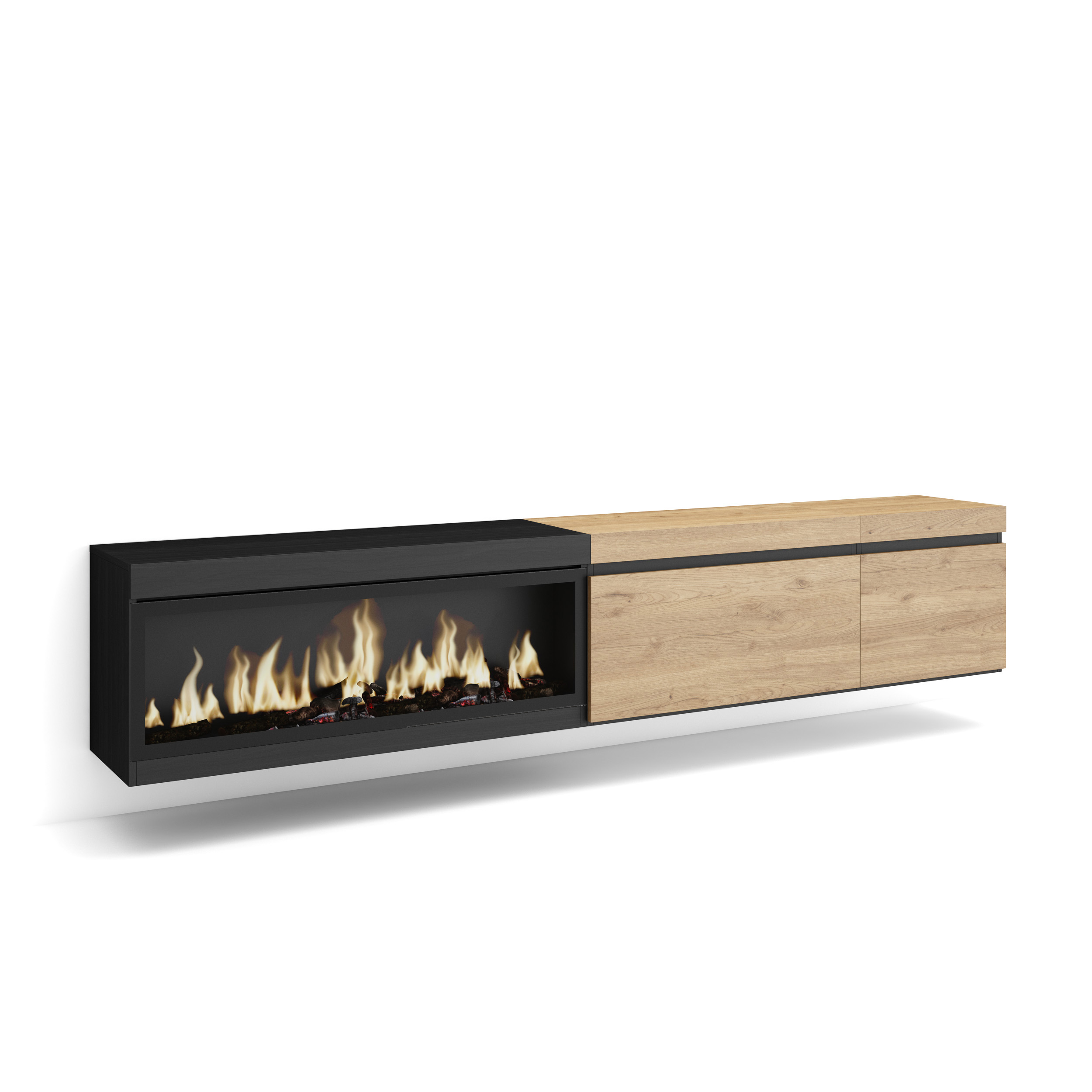 Mueble TV, 237x45x35cm, Chimenea eléctrica XXL, suspendido, Roble y negro