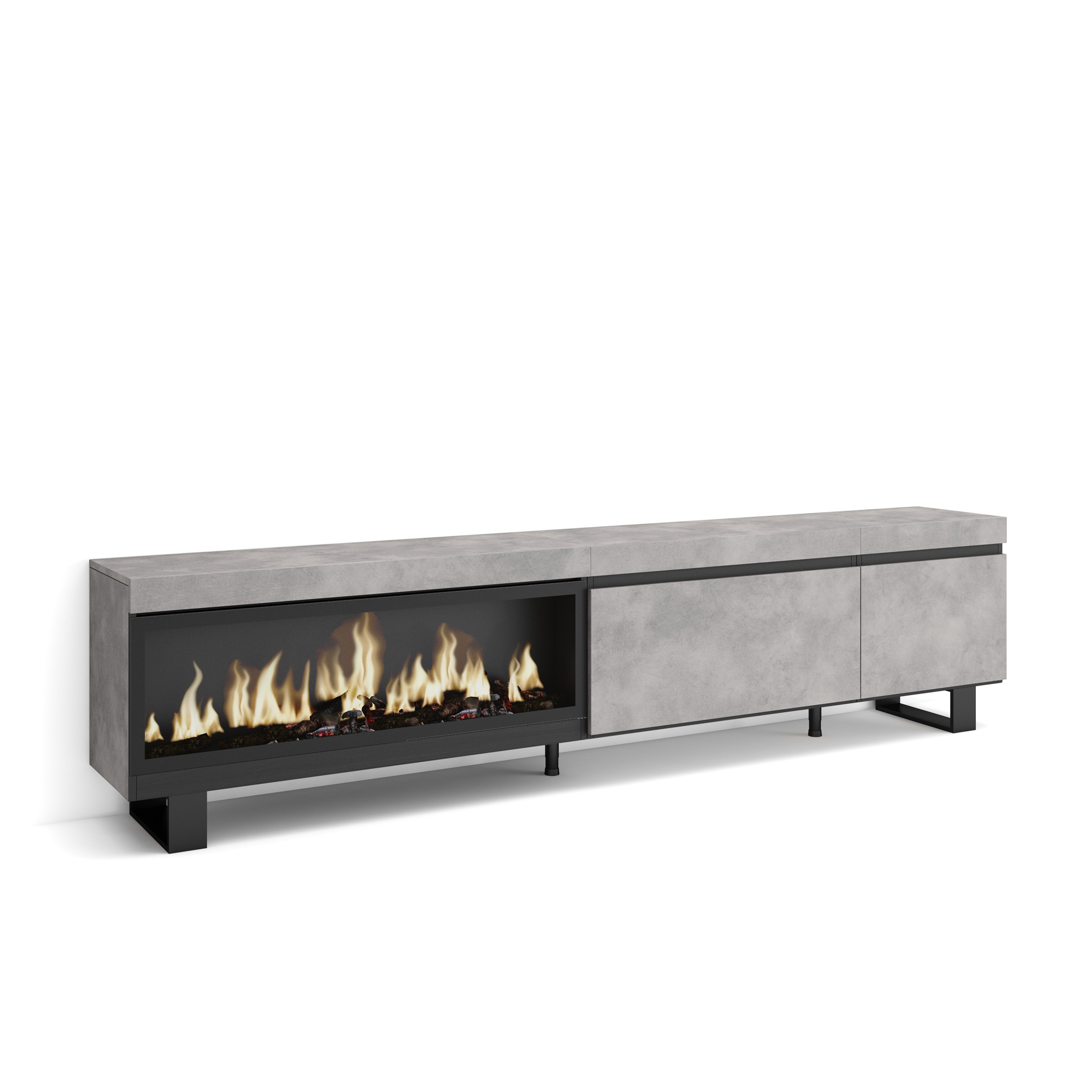 Mueble TV, 237x57x35cm, Chimenea eléctrica XXL, Cemento