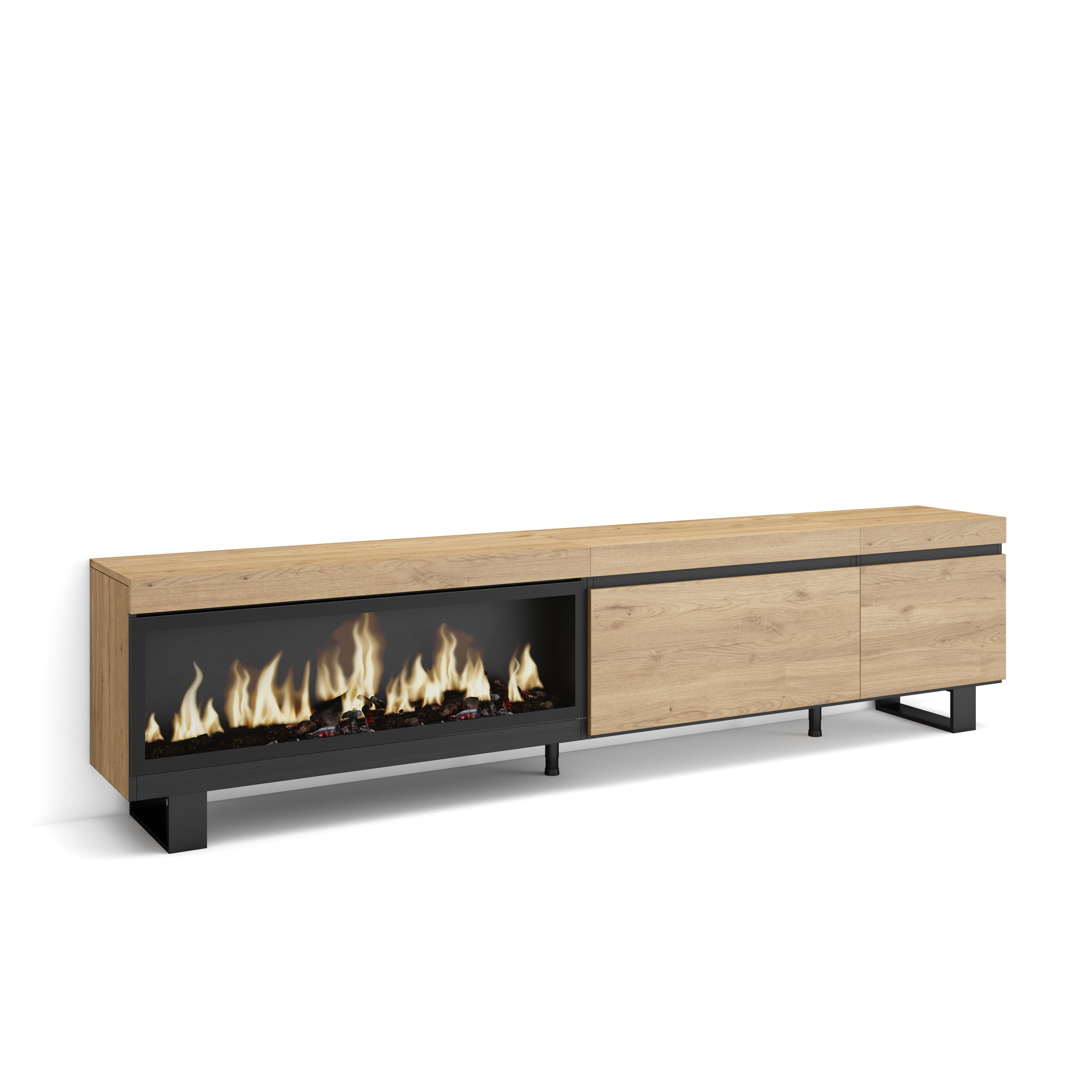 Mueble TV, 237x57x35cm, Chimenea eléctrica XXL, Roble