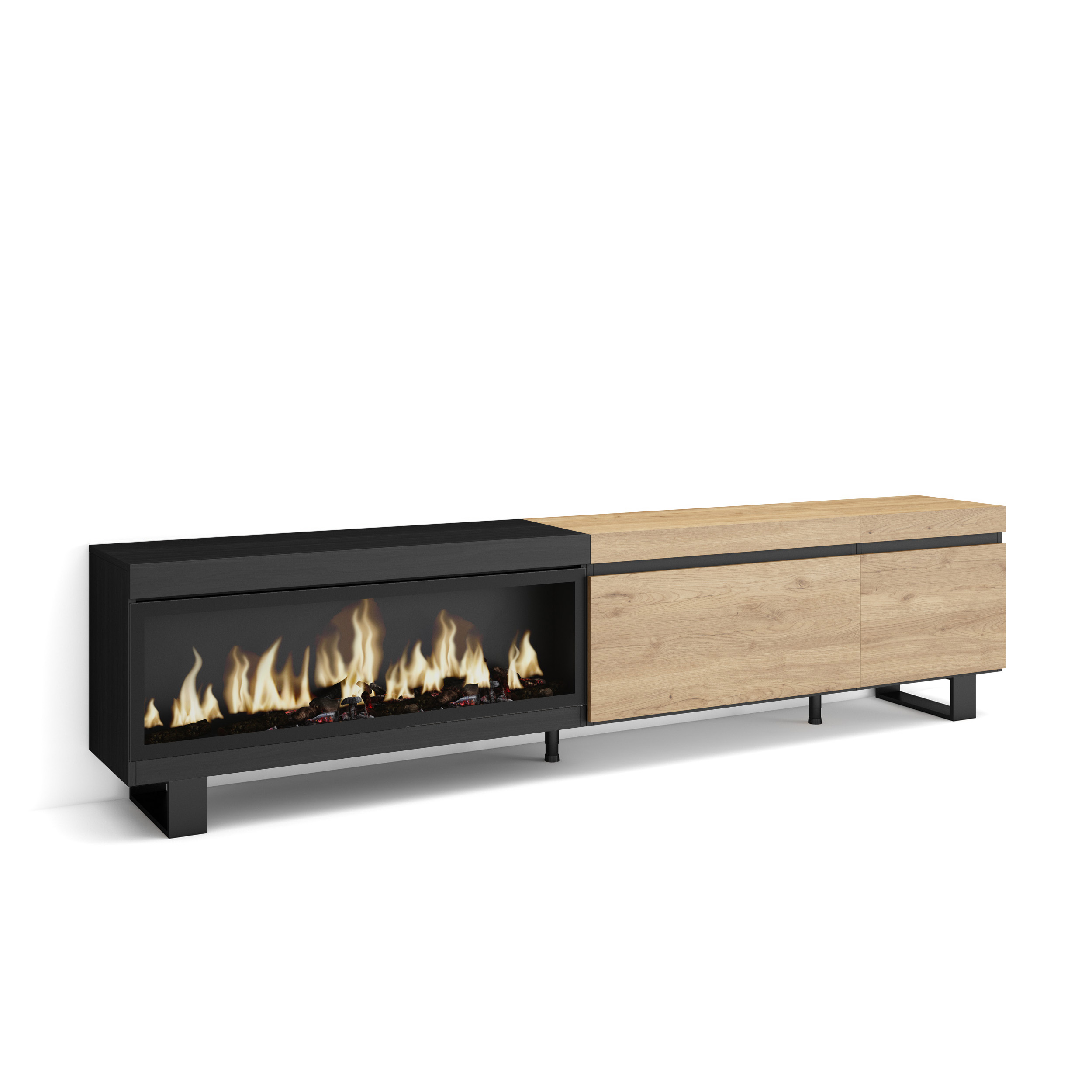 Mueble TV, 237x57x35cm, Chimenea eléctrica XXL, Roble y negro