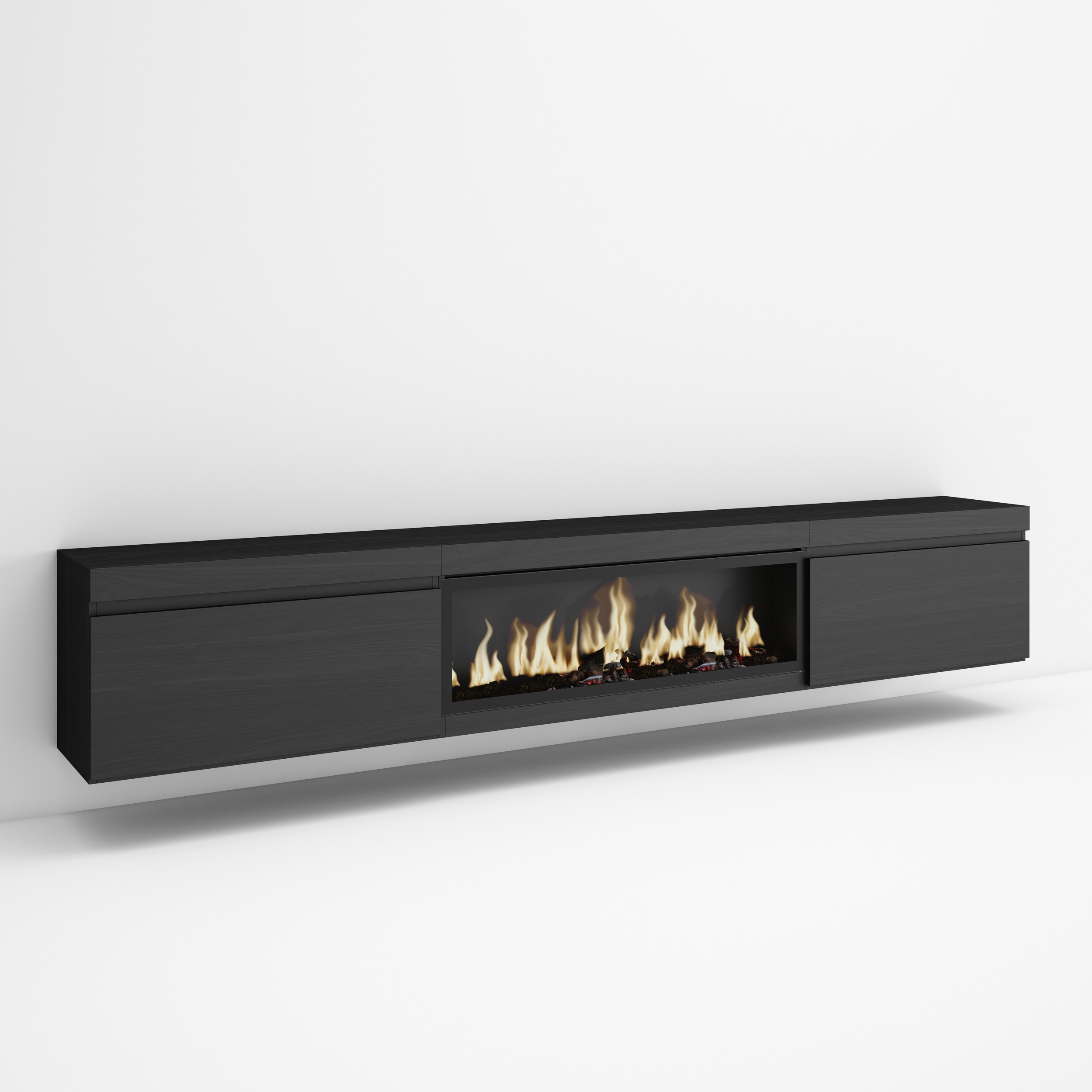 Mueble TV, 267x45x35cm, Chimenea eléctrica XXL, suspendido, Negro