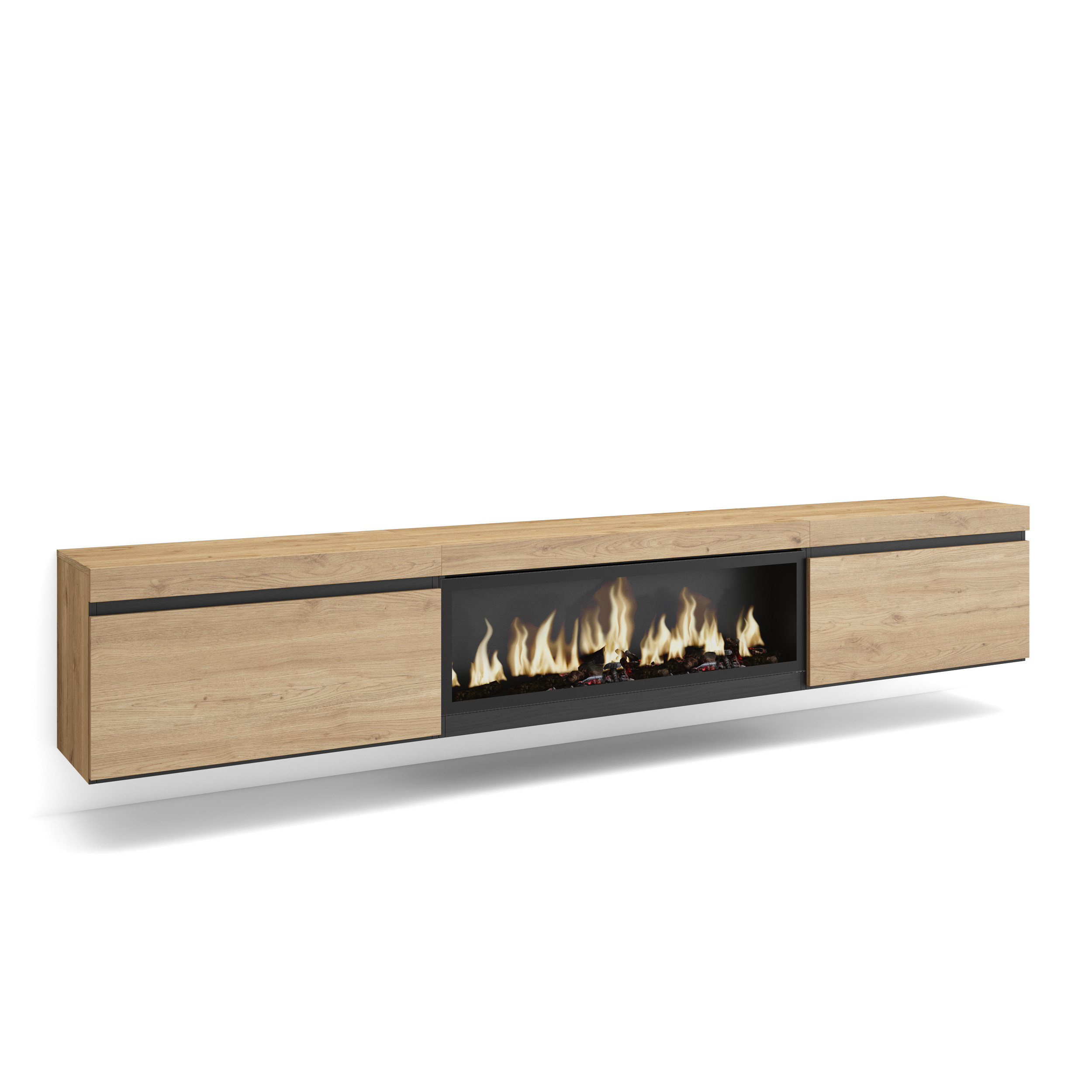 Mueble TV, 267x45x35cm, Chimenea eléctrica XXL, suspendido, Roble