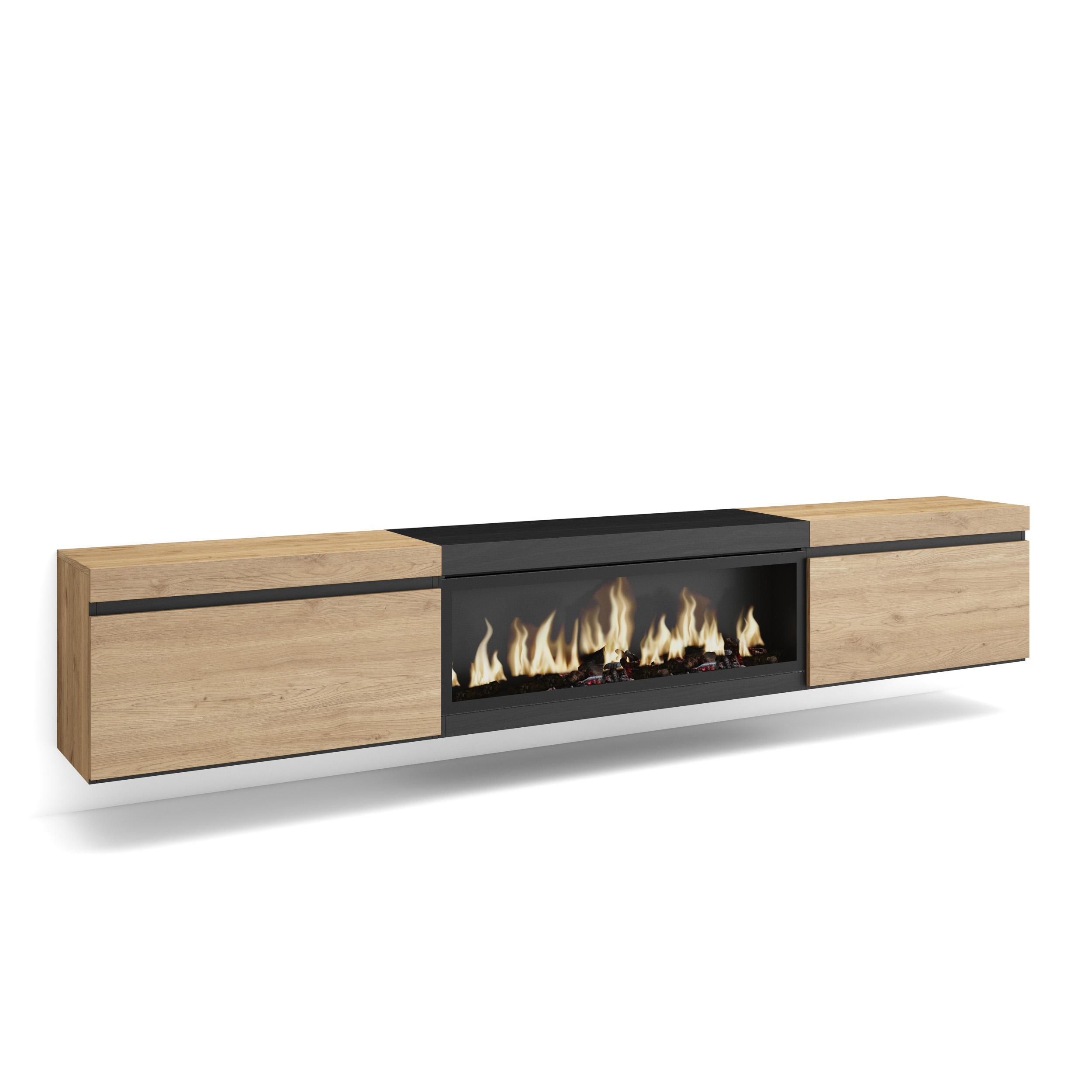 Mueble TV, 267x45x35cm, Chimenea eléctrica XXL, suspendido, Roble y negro