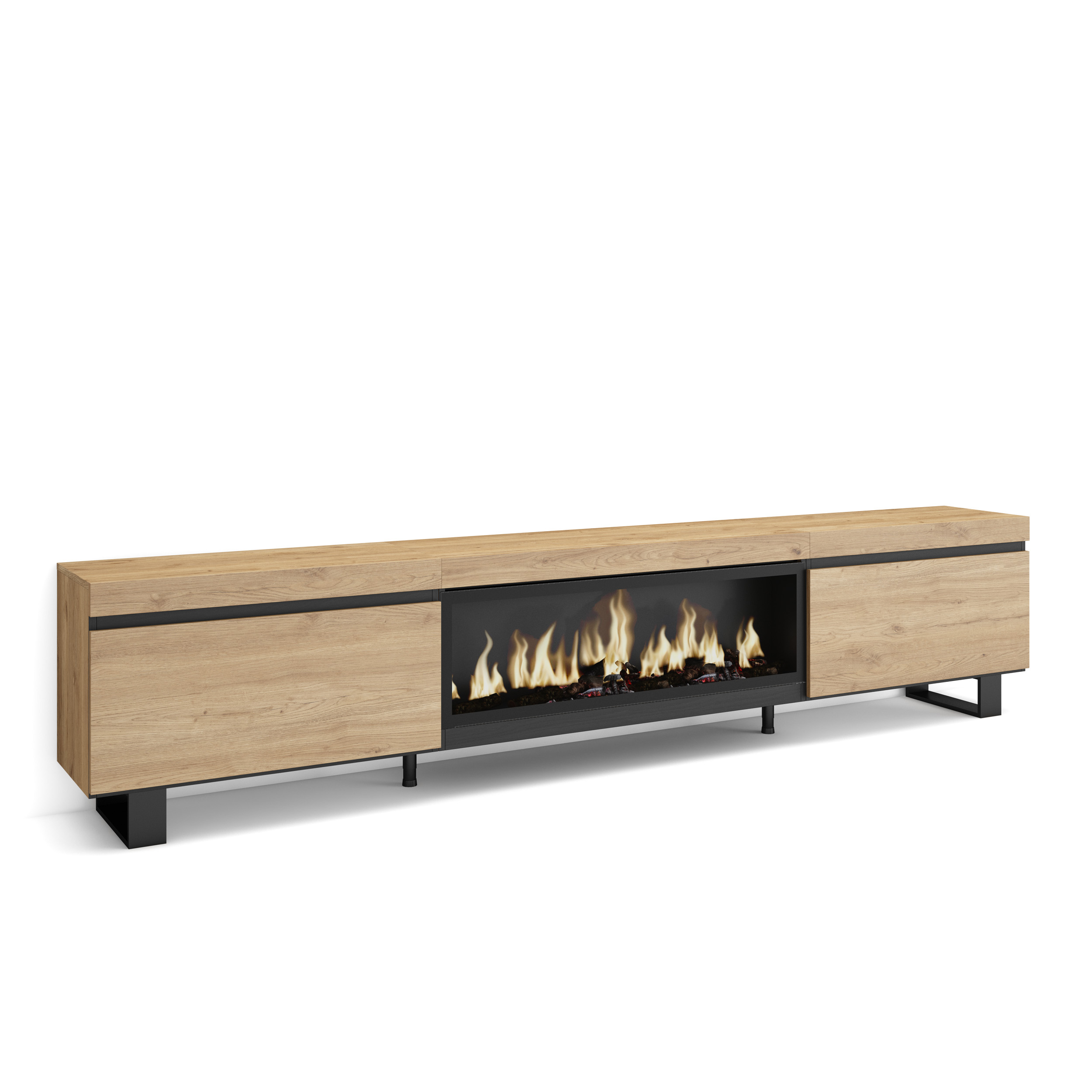 Mueble TV, 267x57x35cm, Chimenea eléctrica XXL, Roble