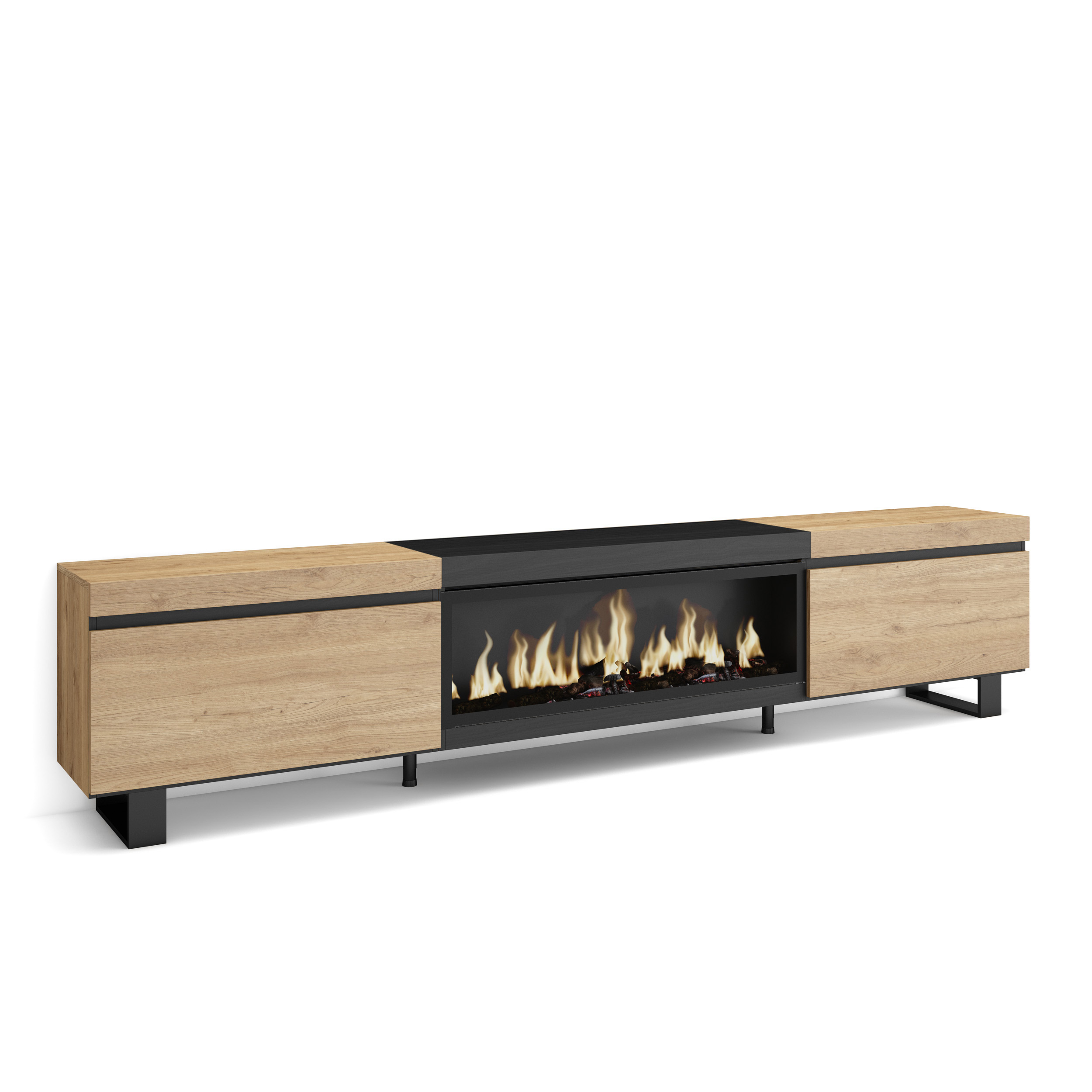 Mueble TV, 267x57x35cm, Chimenea eléctrica XXL, Roble y negro