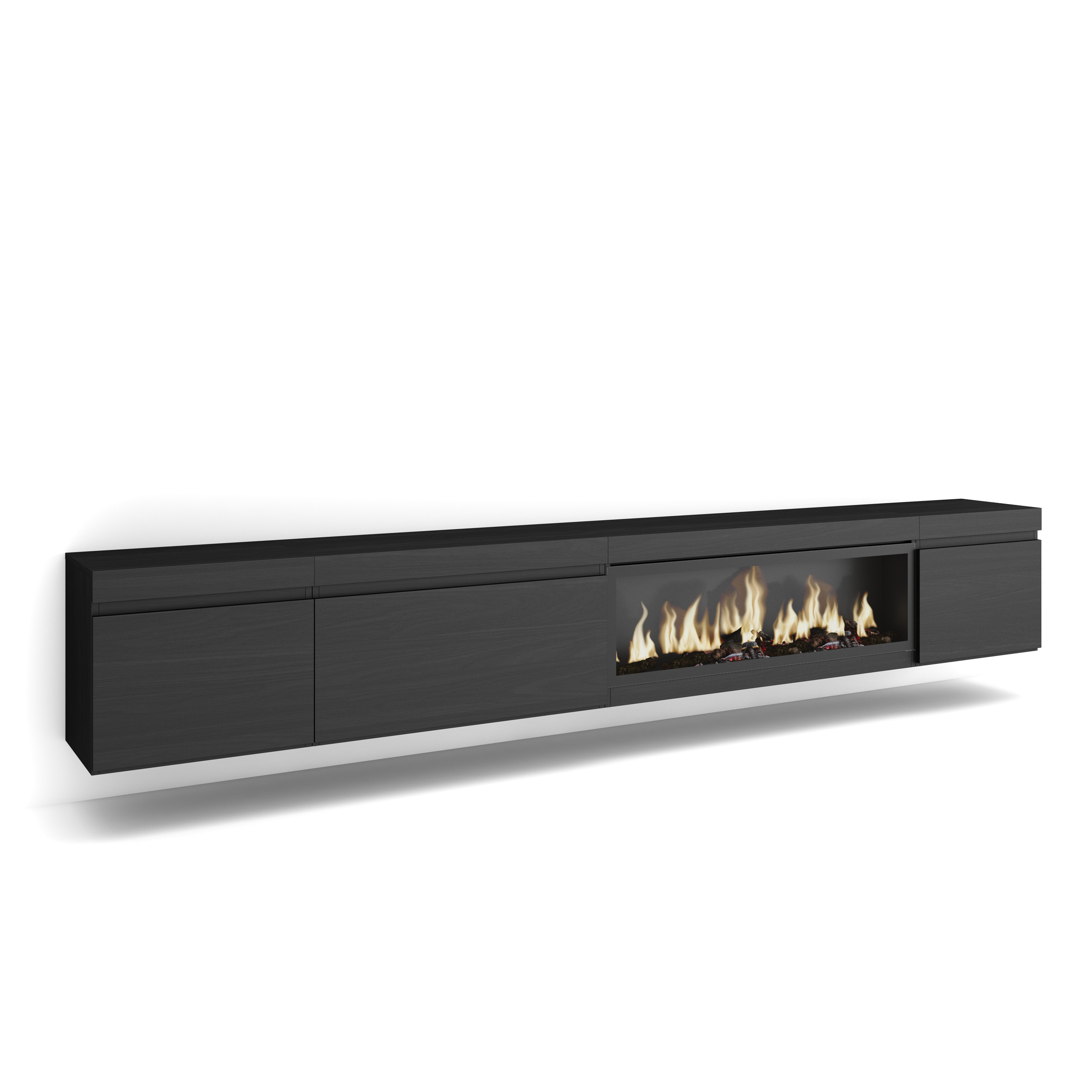 Mueble TV, 288x45x35cm, Chimenea eléctrica XXL, suspendido, Negro