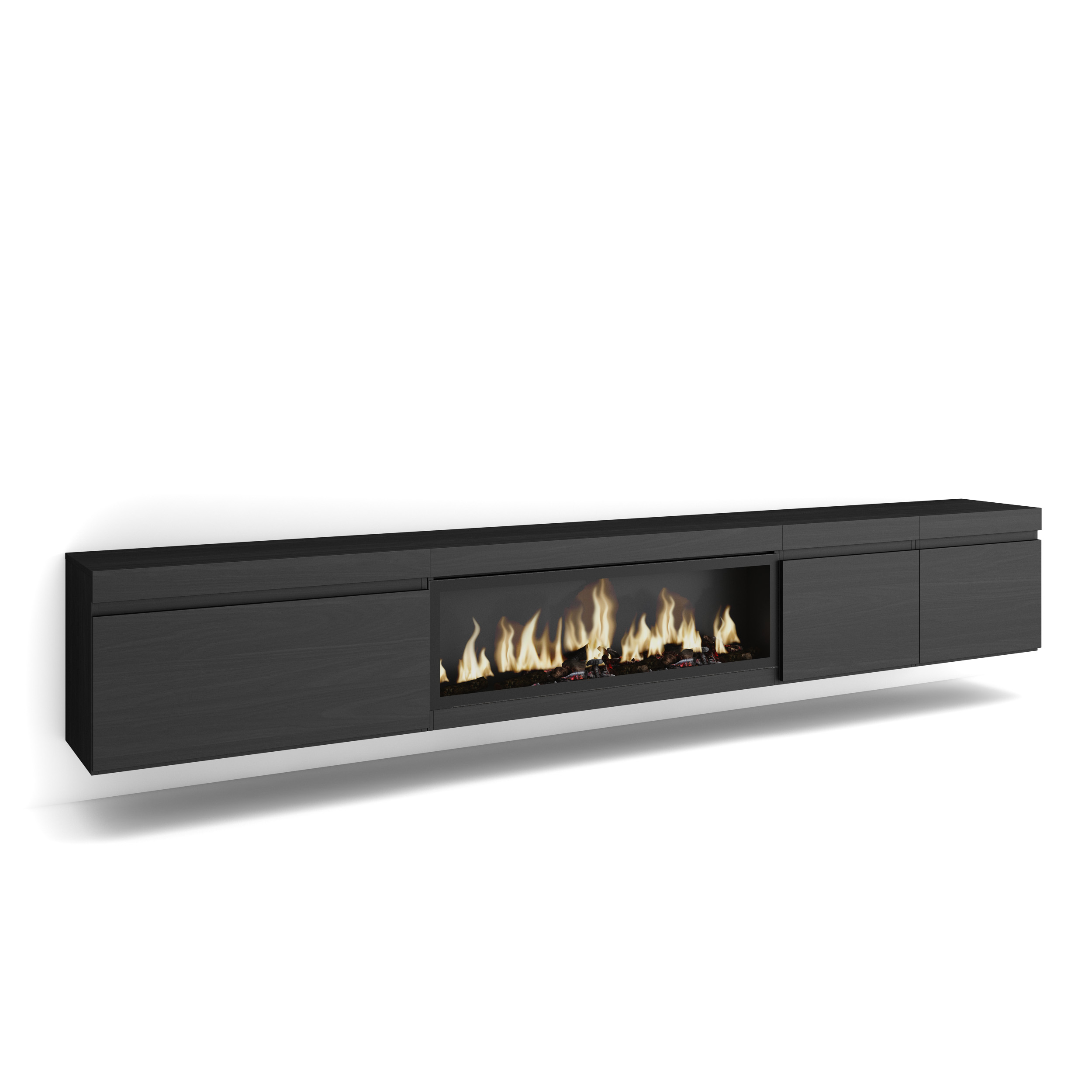 Mueble TV, 288x45x35cm, Chimenea eléctrica XXL, suspendido, Negro