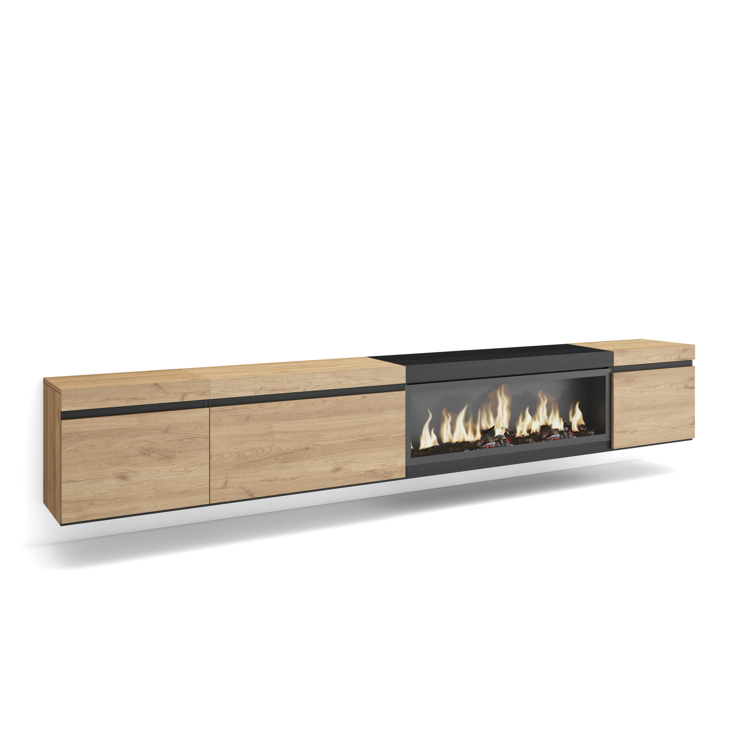 Mueble TV, 288x45x35cm, Chimenea eléctrica XXL, suspendido, Roble y negro