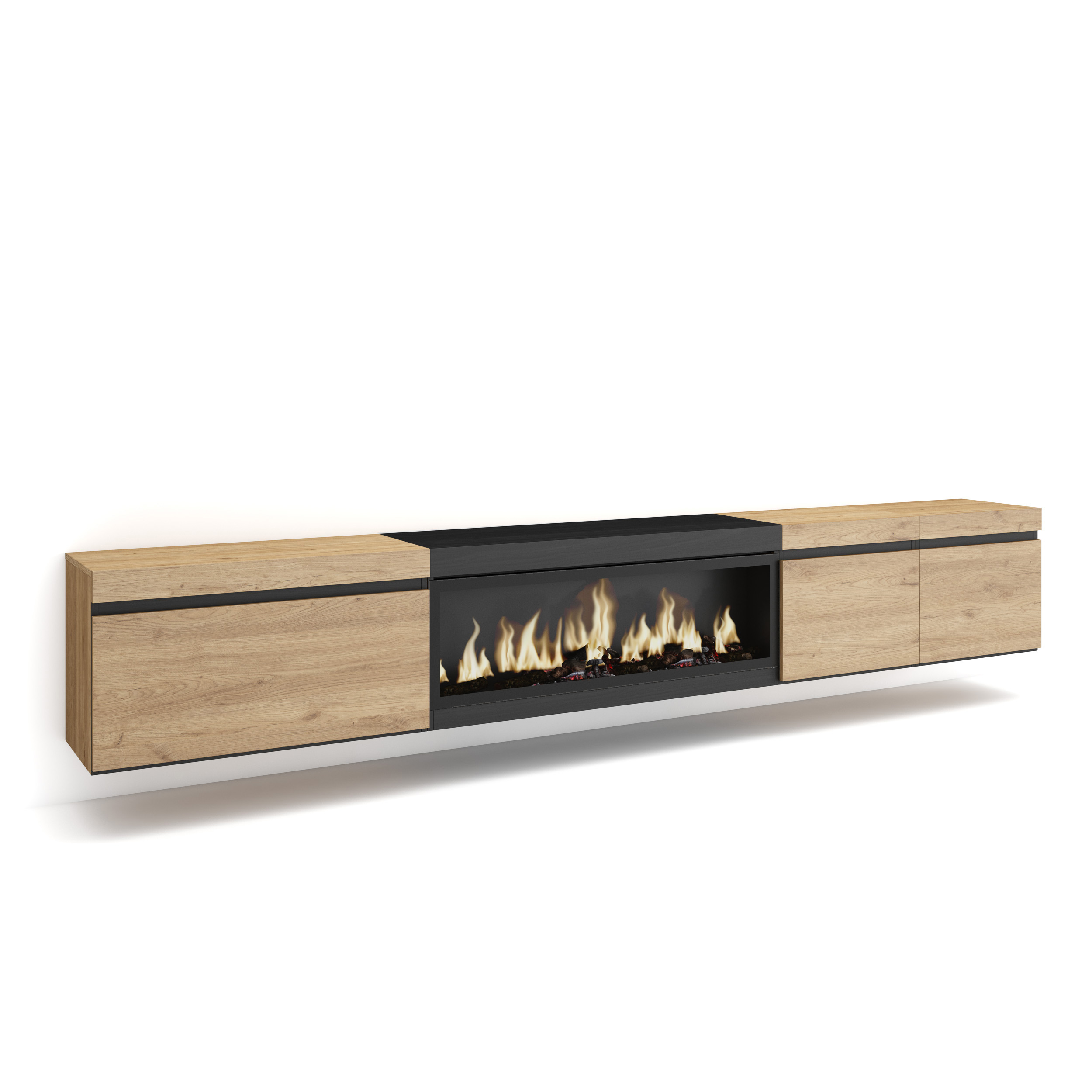 Mueble TV, 288x45x35cm, Chimenea eléctrica XXL, suspendido, Roble y negro