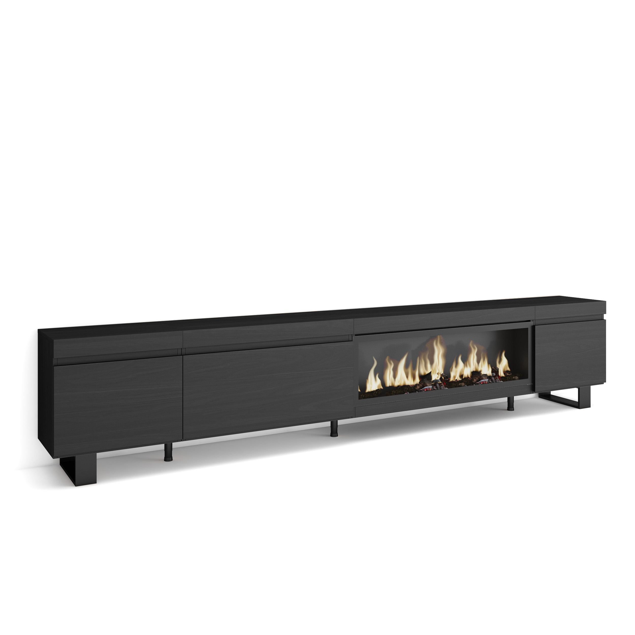 Mueble TV, 288x57x35cm, Chimenea eléctrica XXL, Negro