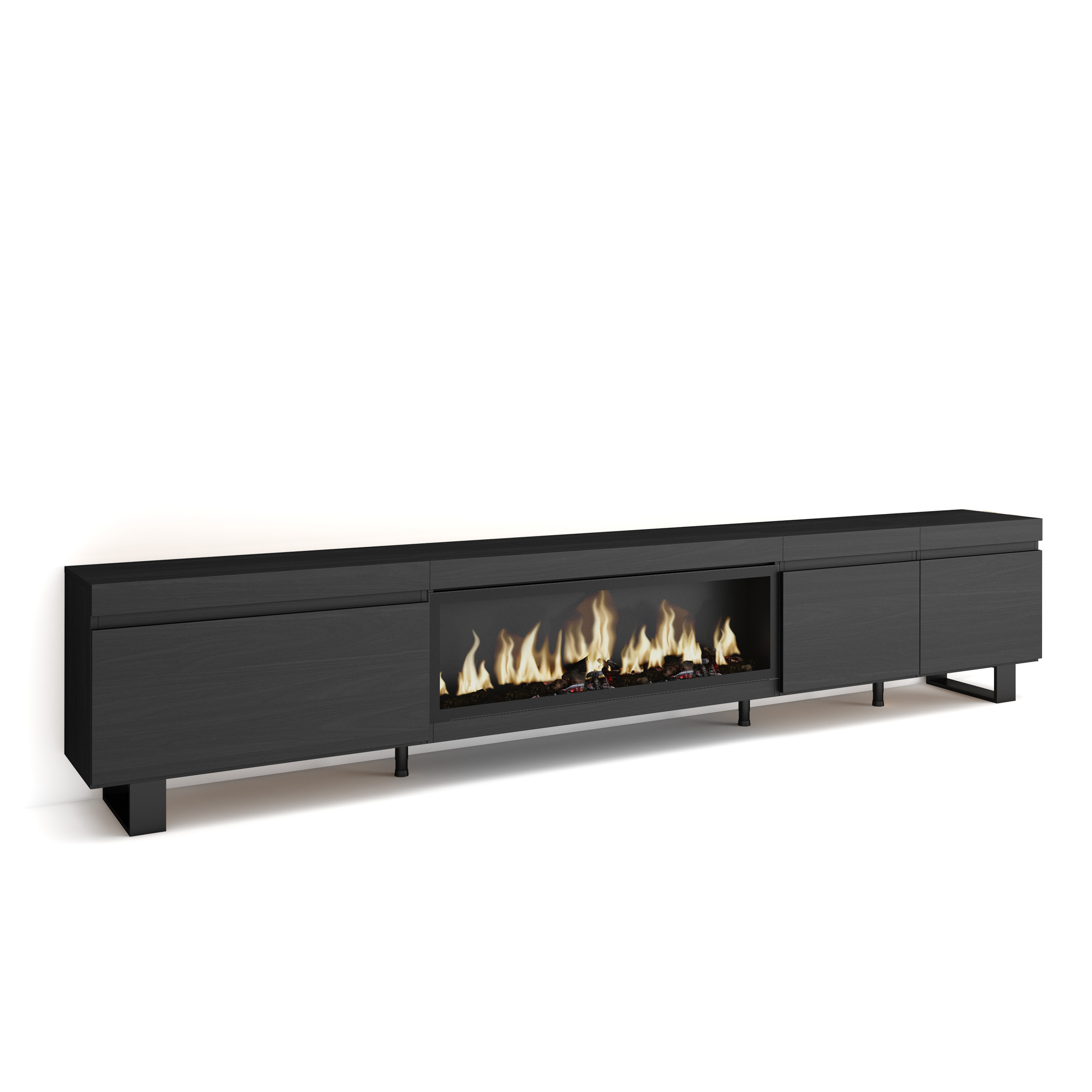 Mueble TV, 288x57x35cm, Chimenea eléctrica XXL, Negro