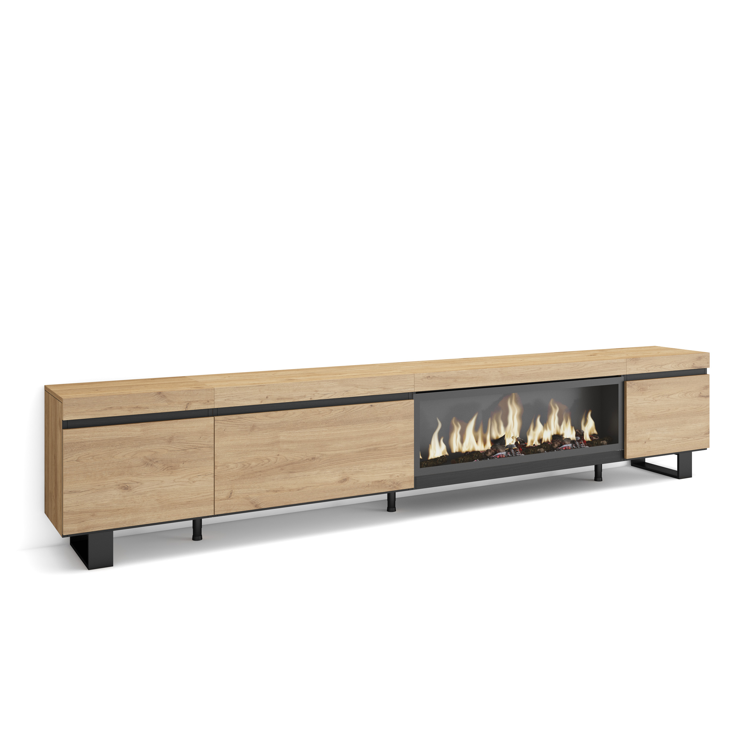 Mueble TV, 288x57x35cm, Chimenea eléctrica XXL, Roble