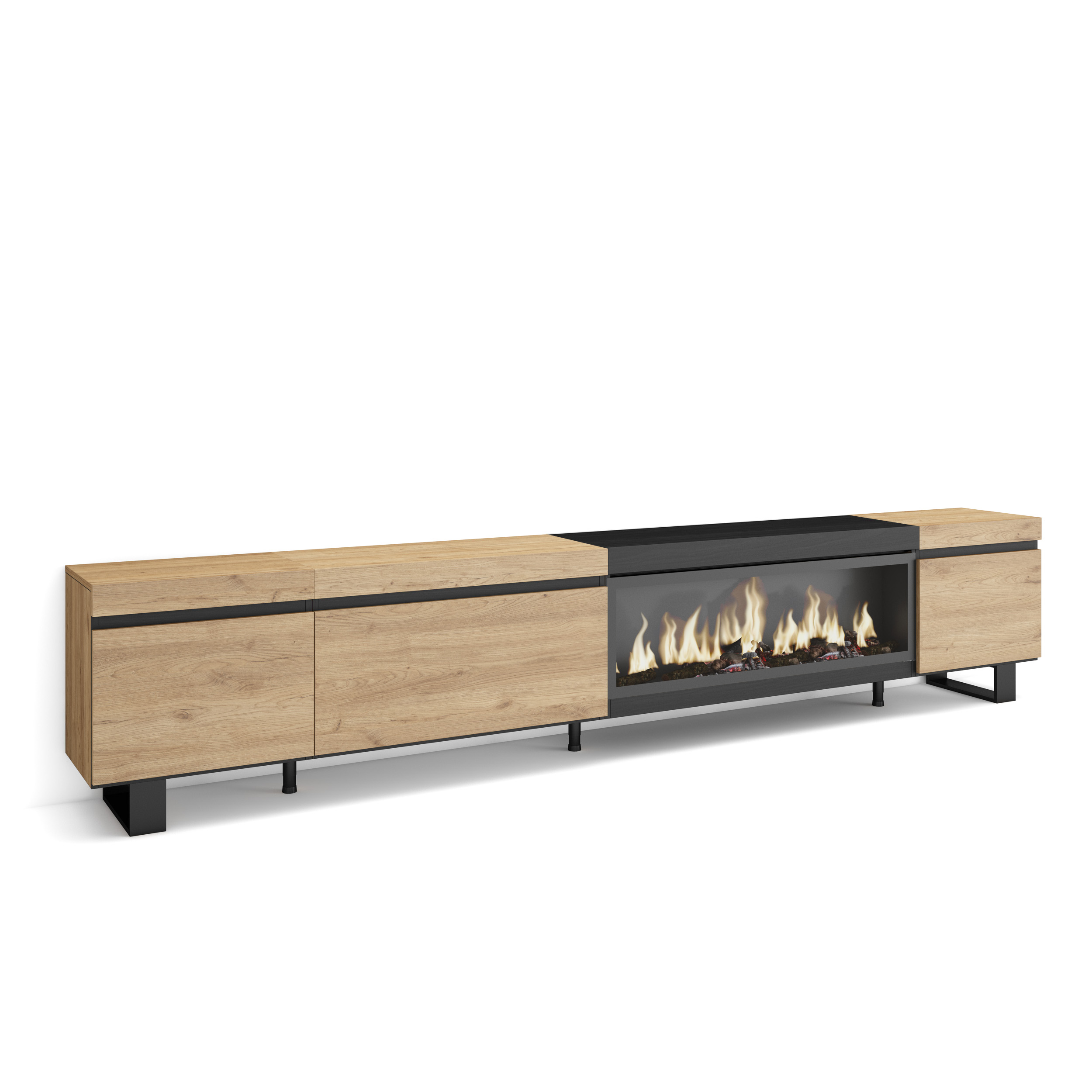 Mueble TV, 288x57x35cm, Chimenea eléctrica XXL, Roble y negro