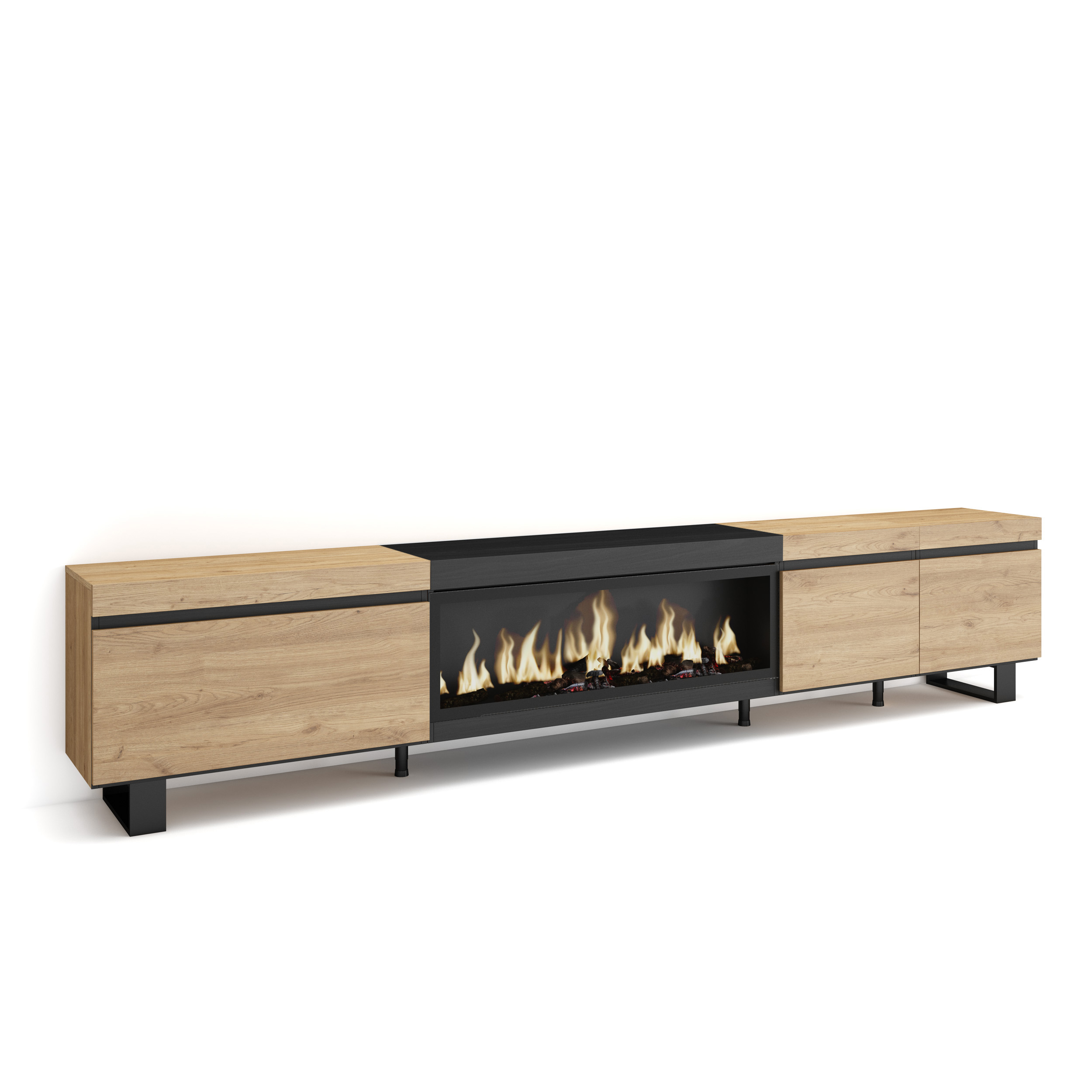 Mueble TV, 288x57x35cm, Chimenea eléctrica XXL, Roble y negro