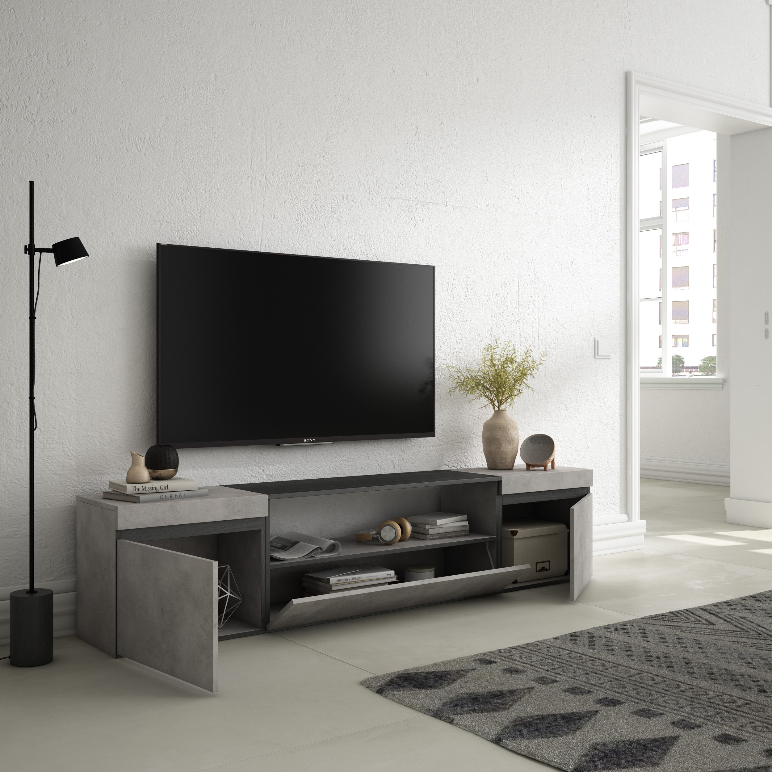 Muebles de Salón para TV, 320x186x35cm, Mueble Televisión, Cemento