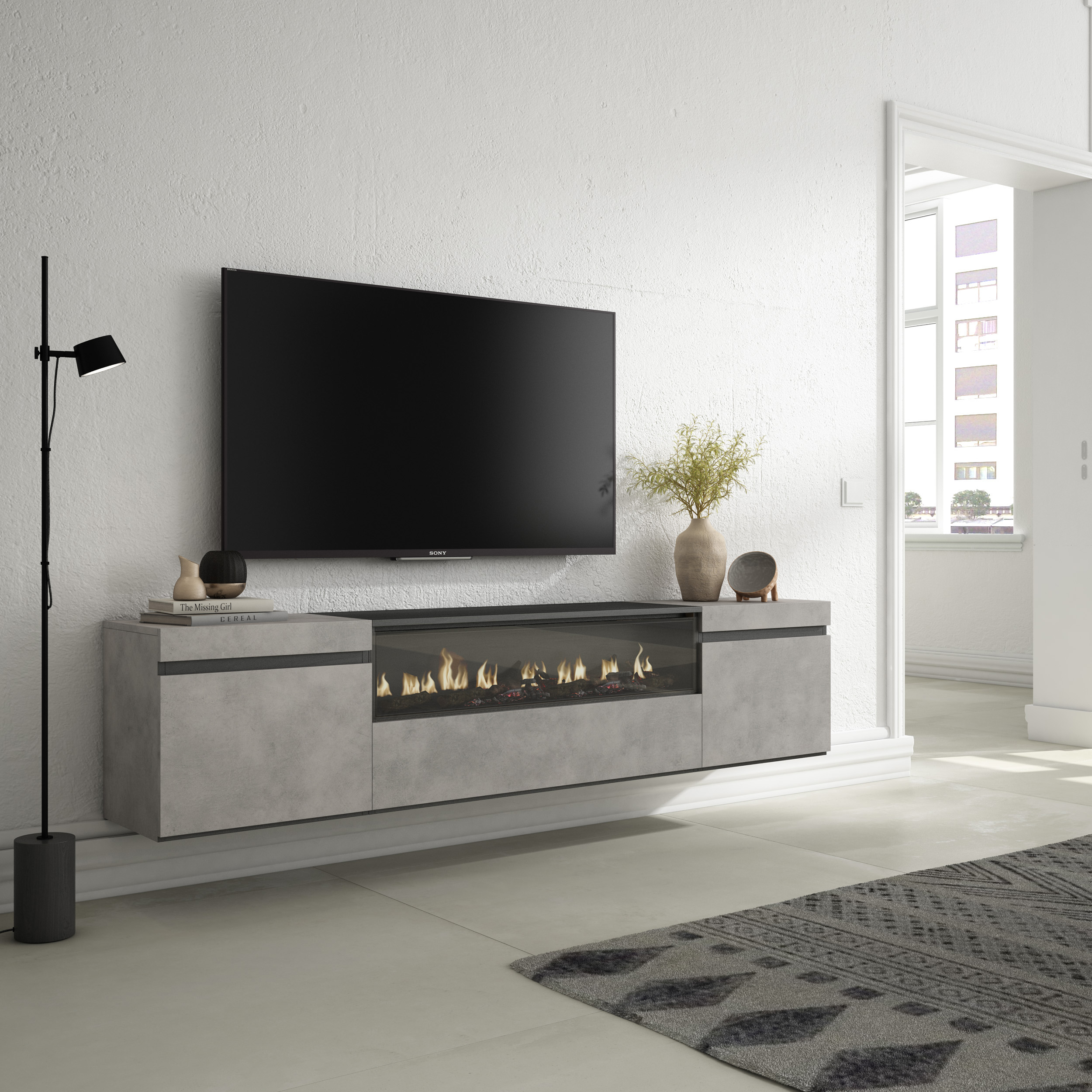 Mueble TV, Televisión, Blanco y negro , Chimenea eléctrica LED
