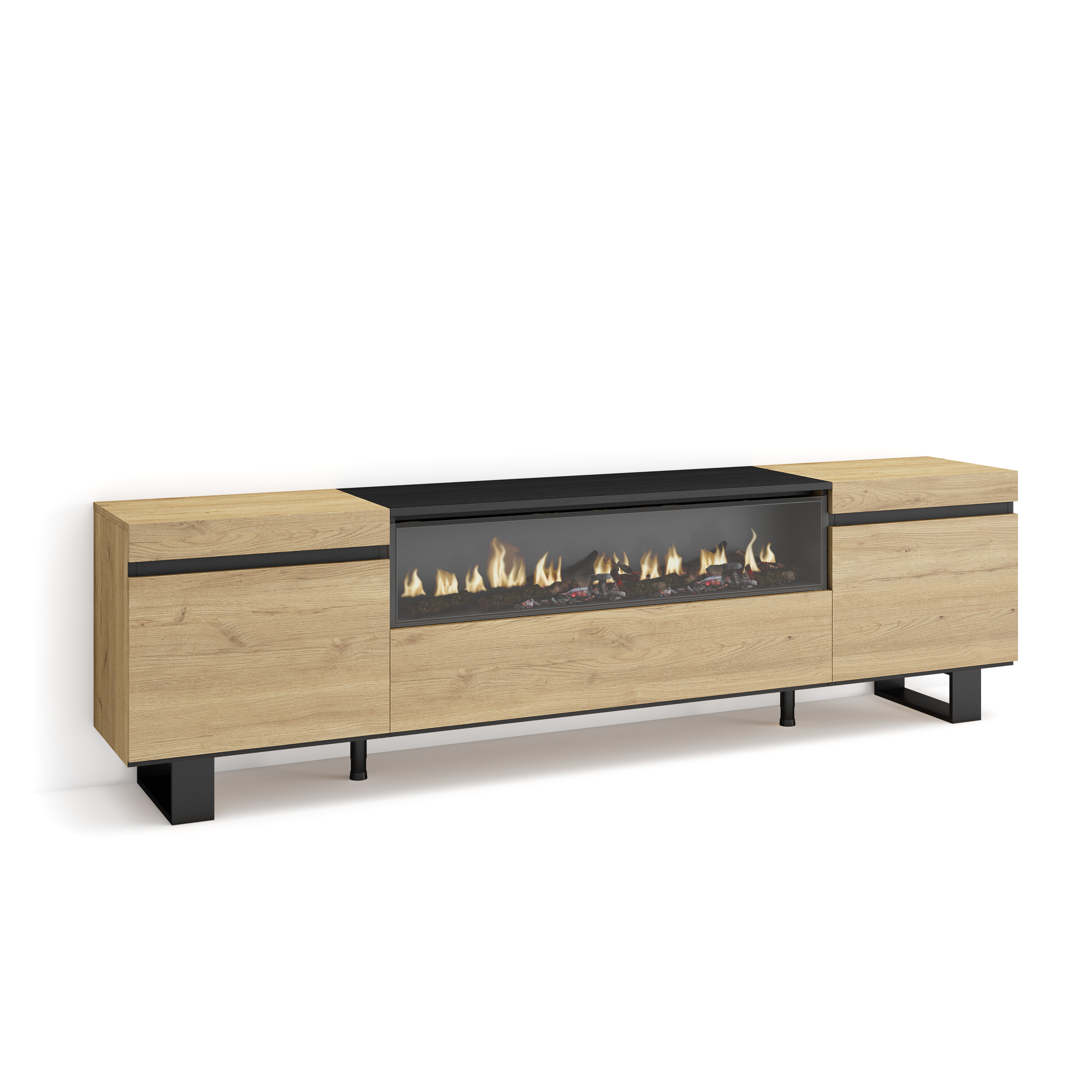 Mueble TV, 200x57x35, Roble, Chimenea eléctrica LED, Tall, Industrial