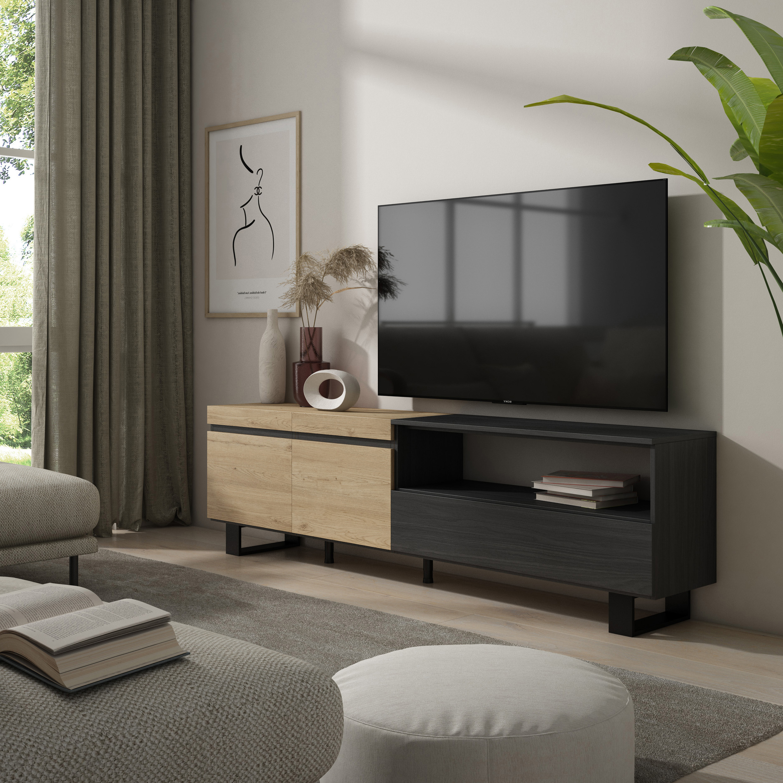 Mueble TV Televisión, Roble y negro, Diseño industrial