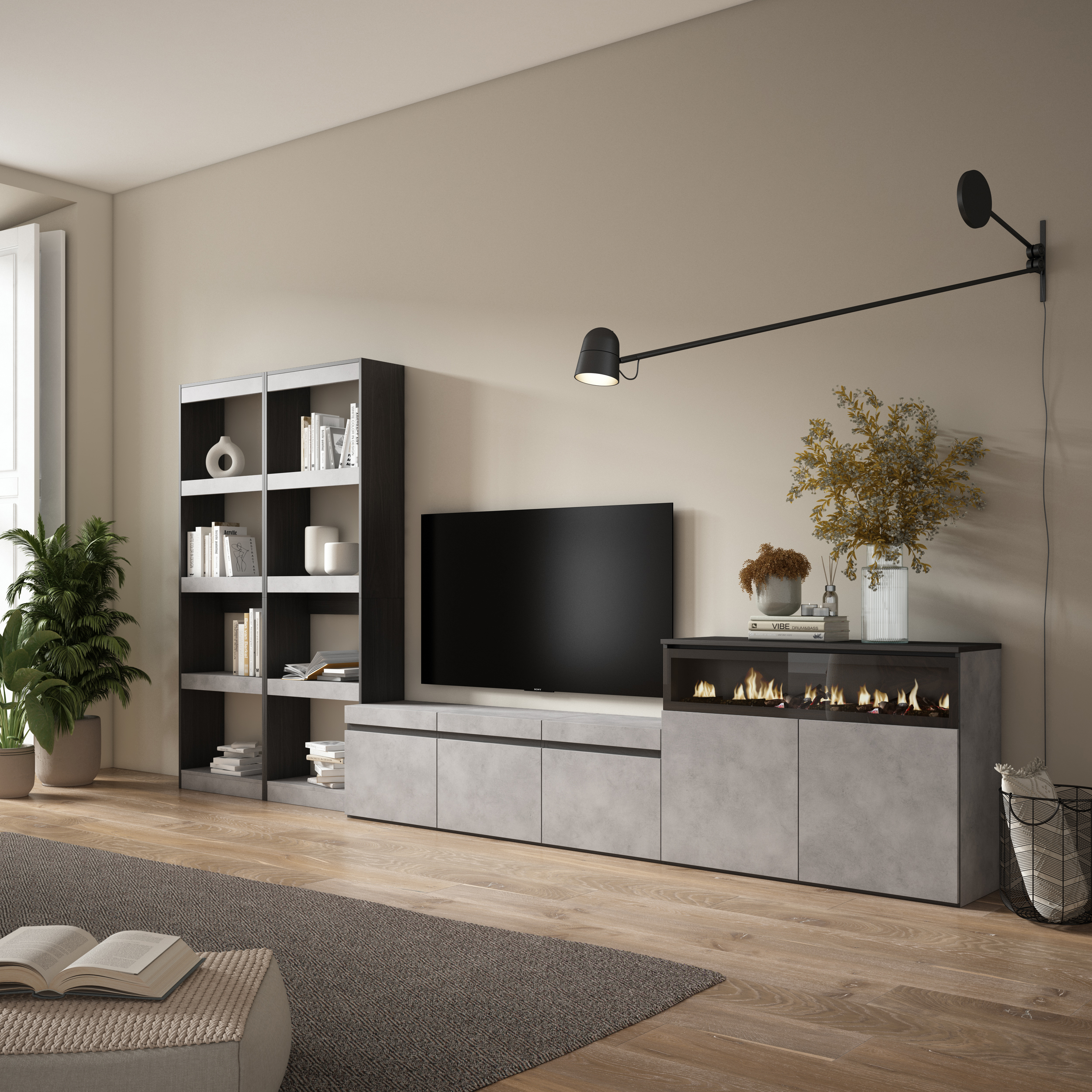 Mueble TV, Televisión, Cemento, Chimenea eléctrica LED