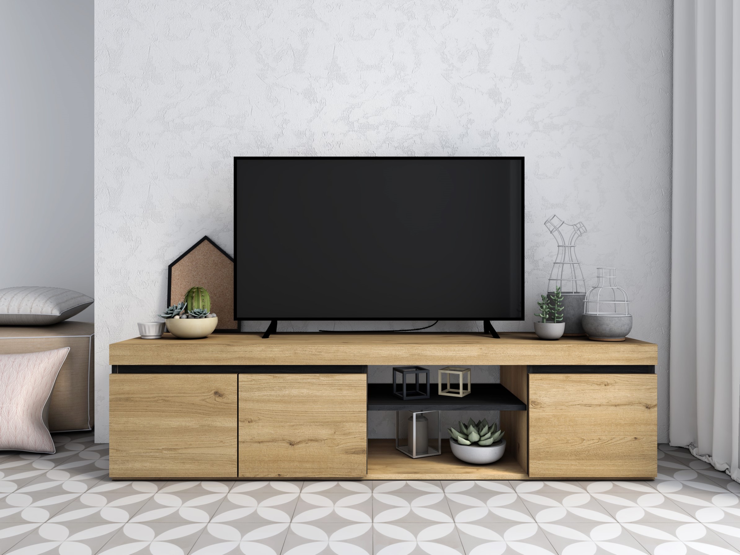 Mueble TV / Mueble de salón - Roble Wotan / Negro brillo - 180 cm - Rednaw
