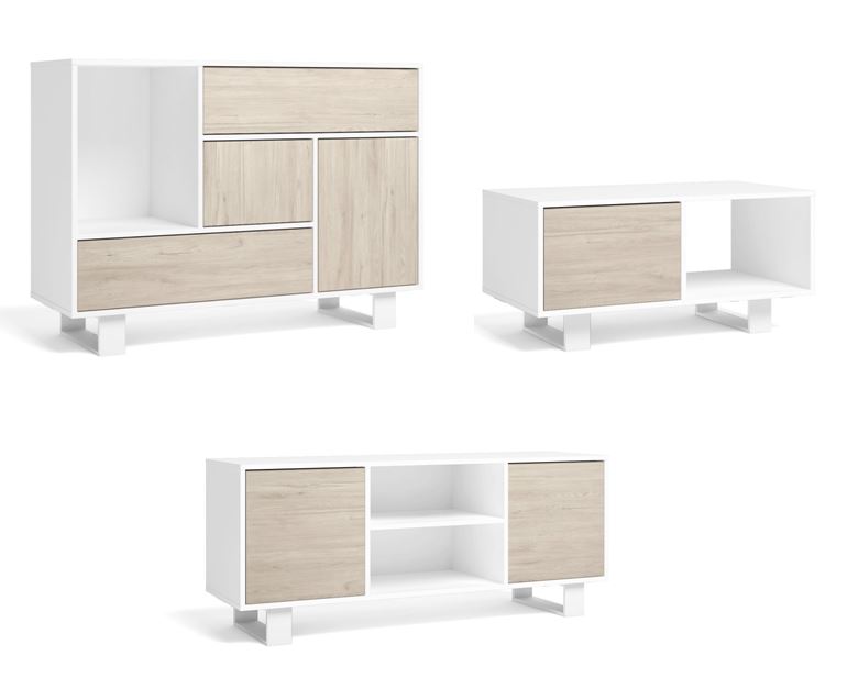 Set Wind Mueble tv100-Mesa Baja, Blanco/Roble, Pata Blanca