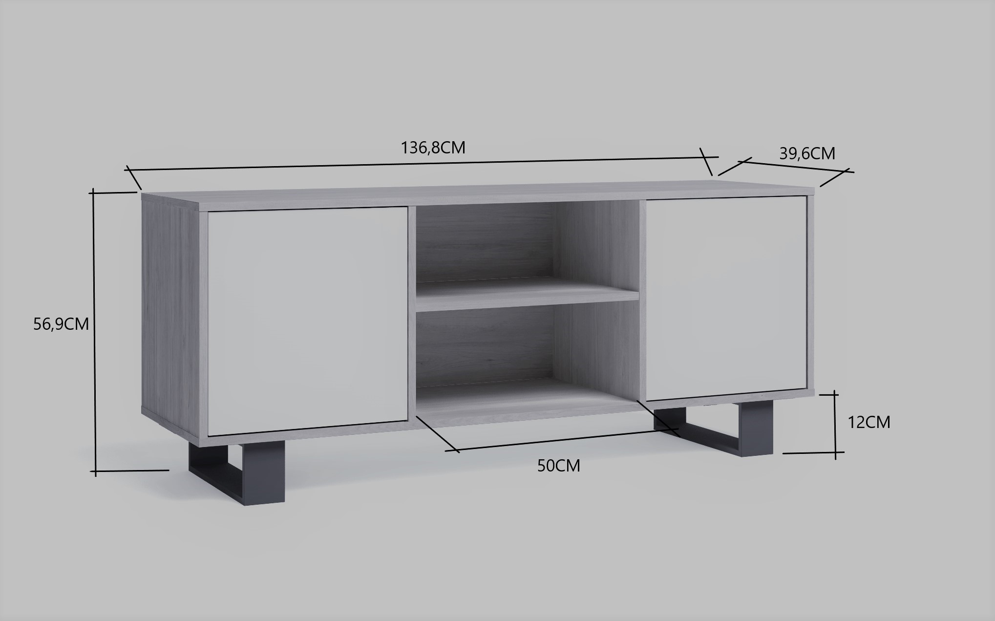 Set Wind, Conjunto de muebles de Salón/Comedor compuesto por 1 Buffet,  1Mueble TV140 y 1 Mesa de Centro, Color Gris/Roble, Patas Negras, Mueble  Auxiliar.