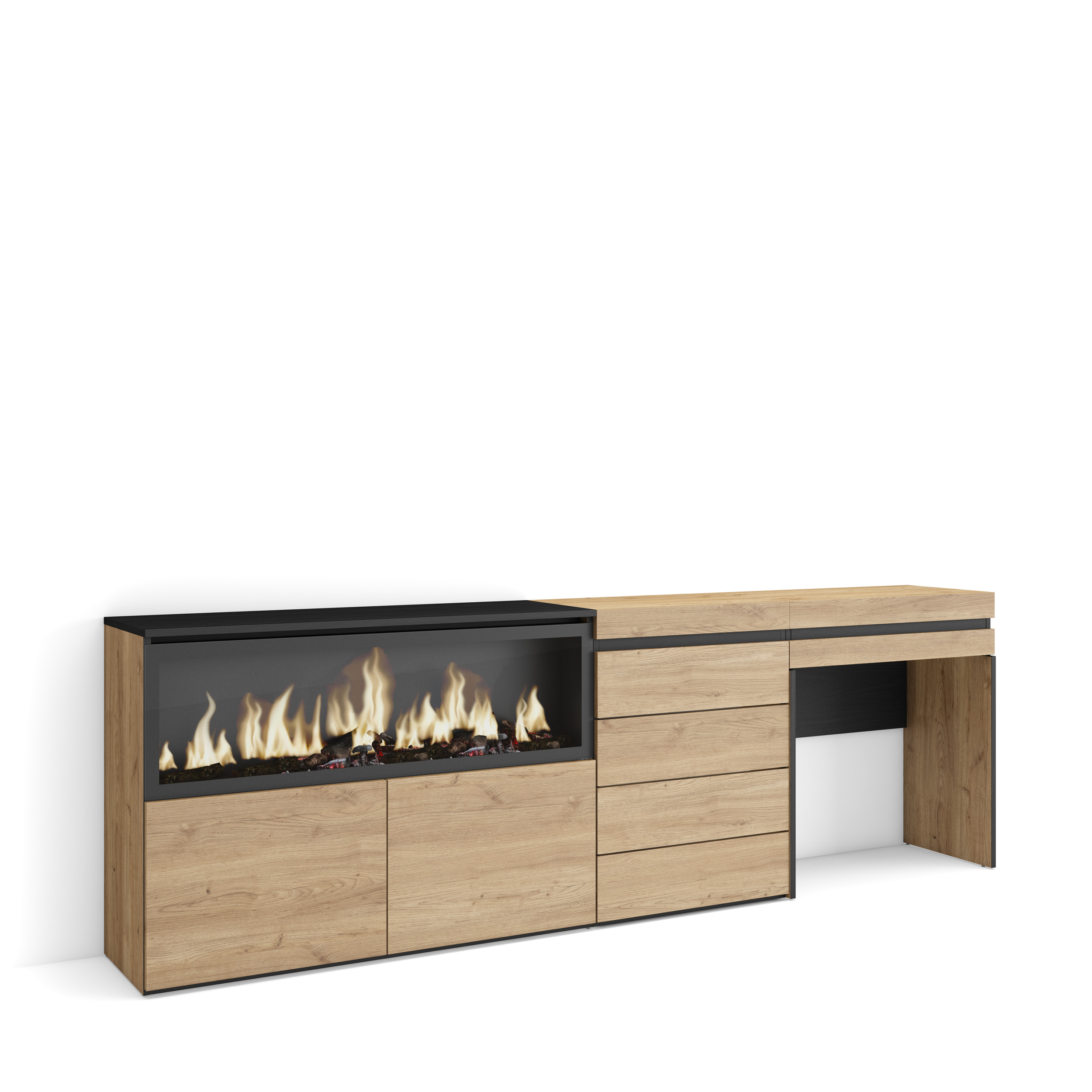 Tocador, 234x75x35cm, Chimenea eléctrica XXL, Cómoda, Cajonera, Roble