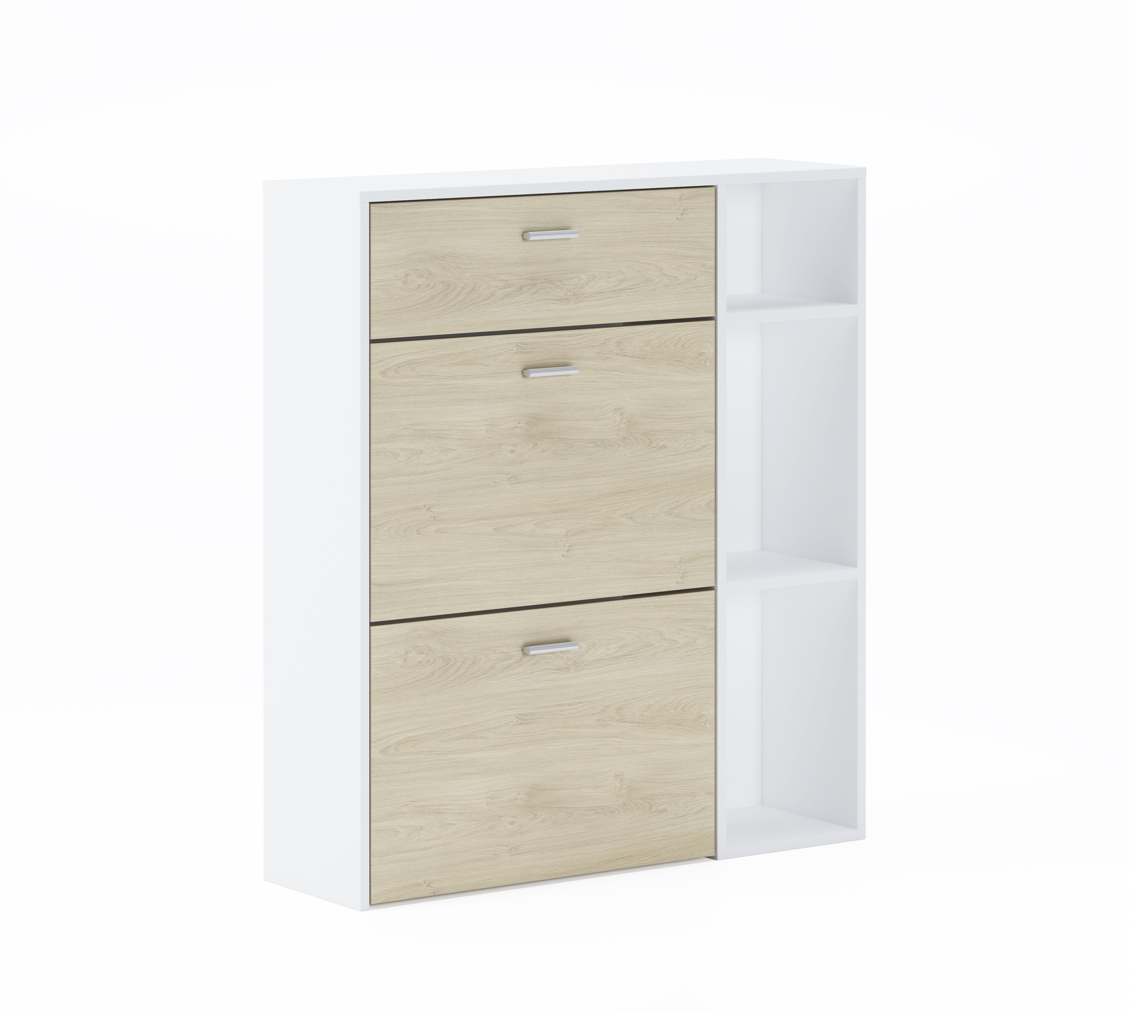 Home Innovation – Zapatero WIND, color estructura Blanco, color Puccini en  las 2 puertas basculantes y el cajón, medidas 90x26x101.5cm de altura.