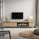 Mueble TV, 288x45x35cm, Chimenea eléctrica XXL, suspendido, Roble