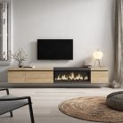 Mueble TV, 288x45x35cm, Chimenea eléctrica XXL, suspendido, Roble y negro