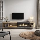 Mueble TV, 288x45x35cm, Chimenea eléctrica XXL, suspendido, Roble y negro