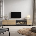 Mueble TV, 288x57x35cm, Chimenea eléctrica XXL, Roble y negro