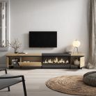 Mueble TV, 288x57x35cm, Chimenea eléctrica XXL, Roble y negro