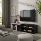 Mueble TV, 200x35x45, Cemento y Negro, Chimenea eléctrica