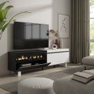 Mueble TV, 200x35x57, Blanco y Negro, Chimenea eléctrica, Diseño industrial