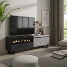 Mueble TV, 200x35x57, Cemento y Negro, Chimenea eléctrica, Diseño industrial