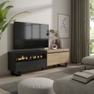 Mueble TV, 200x35x57, Roble y Negro, Chimenea eléctrica, Diseño industrial