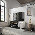 Mueble TV, 150x35x57, Blanco y Negro, Chimenea eléctrica, Diseño industrial