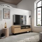 Mueble TV, 153x35x57, Roble Rayado, Chimenea eléctrica, Diseño industrial