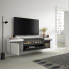 Mueble TV, 200x45x35cm, Blanco y Negro, Chimenea eléctrica LED, Colgado, Suspendido