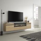 Mueble TV, 200x45x35cm, Roble, Chimenea eléctrica LED, Colgado, Suspendido