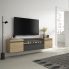 Mueble TV, 200x45x35cm, Roble y Negro, Chimenea eléctrica LED, Colgado, Suspendido